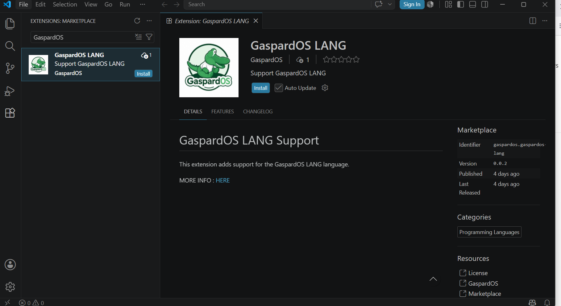 GaspardOS LANG syntax highlighting in VS Code